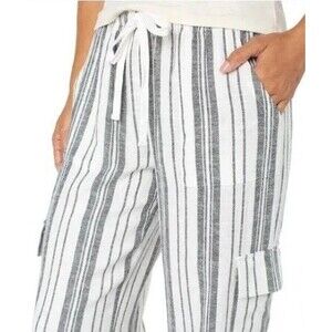 Roxy Striped Linen Blend Cargo Pocket Pants Black Stripe Medium NWT